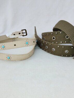 2 Lot Women's S Belts Olive Drab Studded & Bone Faux Turquoise Belt accessory
